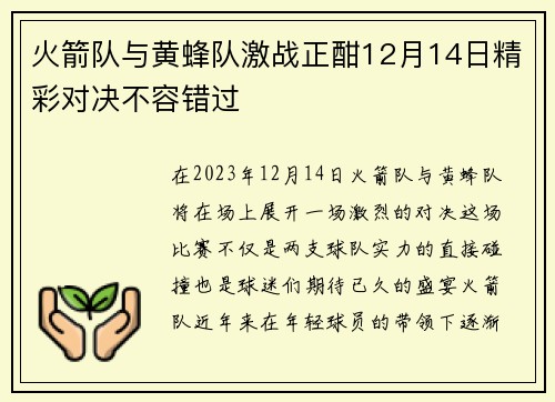 火箭队与黄蜂队激战正酣12月14日精彩对决不容错过